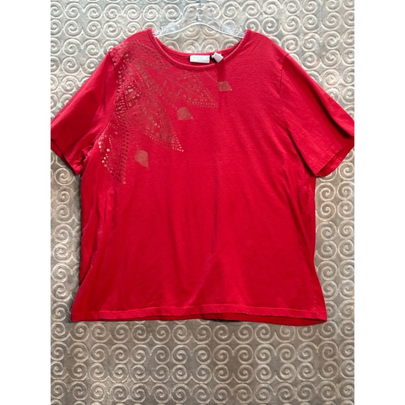 Liz & Me Tops - Liz & Me Red Embellished Leaf Print Short Sleeve Top Plus Size‎ 22/24W